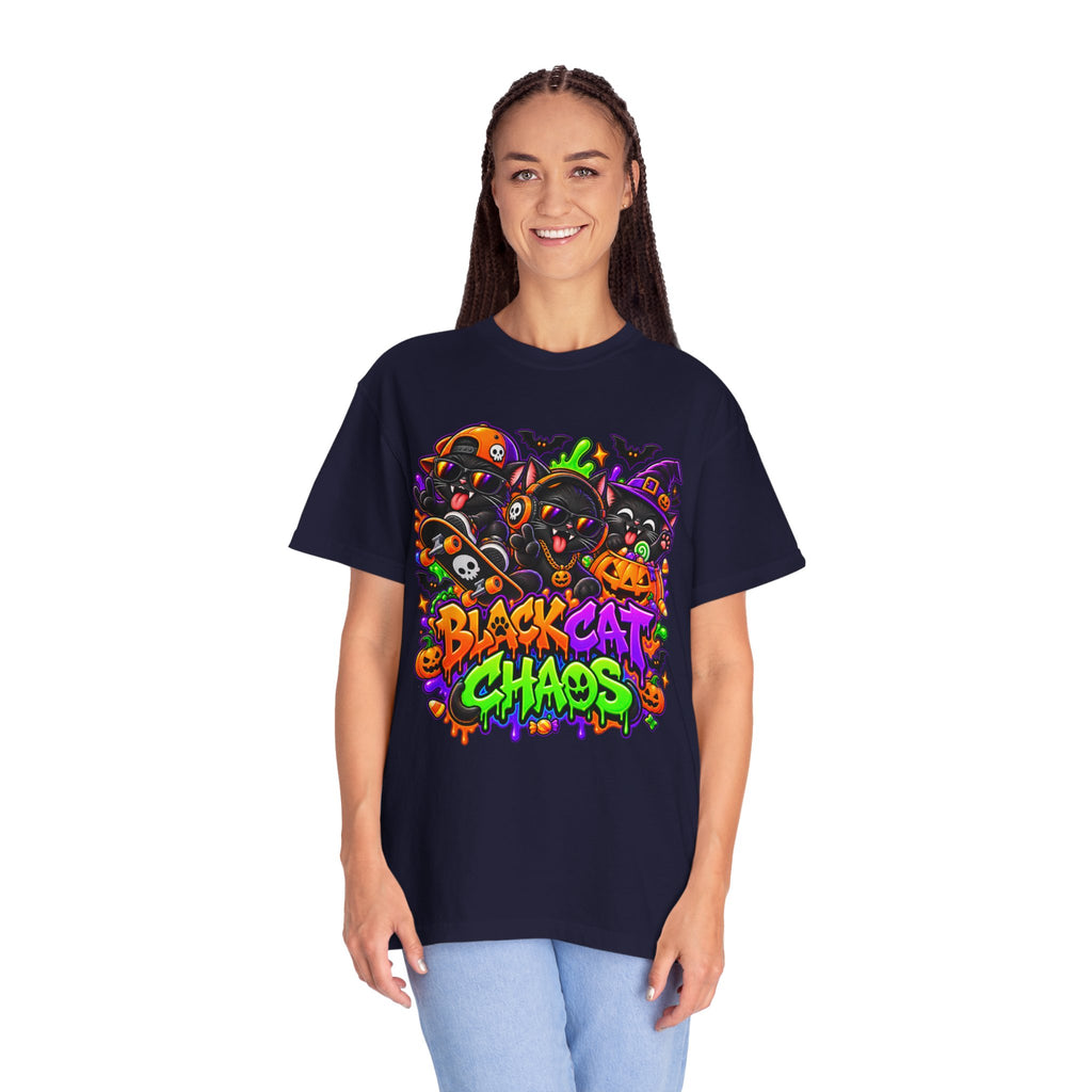 Neon Black Cat Halloween Chaos T-Shirt | Cute Spooky Cat Graphic Tee