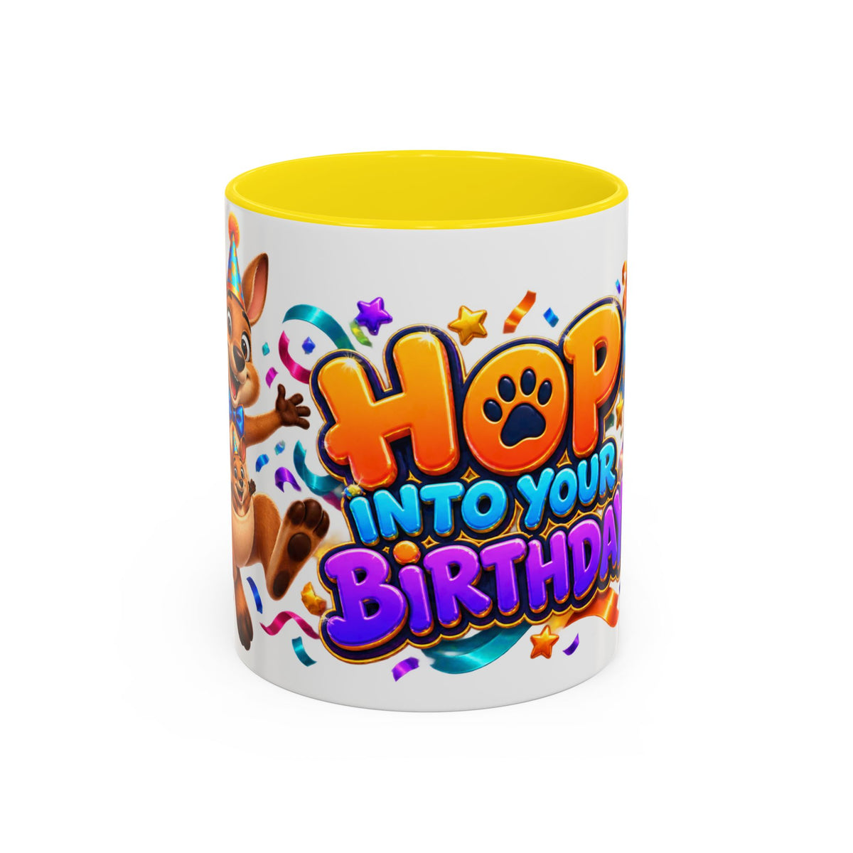 Hop Into Your Birthday White Mug – Cute Kangaroo Birthday Cup, Colorful Fun Party Gift
