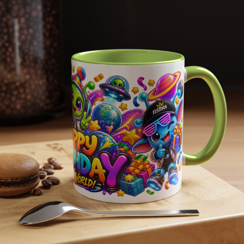 Happy Birthday Out of This World Accent Mug — Cute Alien Space Birthday Coffee Cup (11oz)