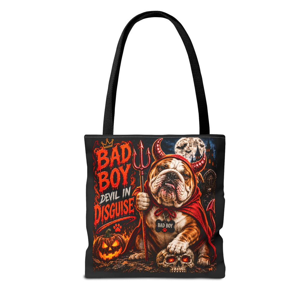 Halloween Bulldog Tote Bag – "Bad Boy Devil in Disguise" Gothic Pumpkin Skull Design