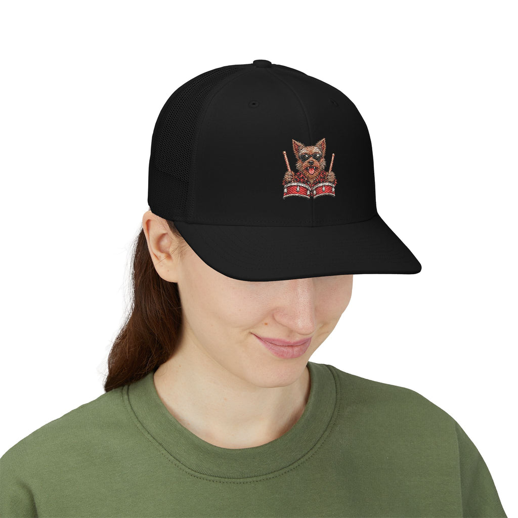 Drummer Dog Snapback Trucker Cap — Cute Yorkie Playing Drums Embroidered Hat
