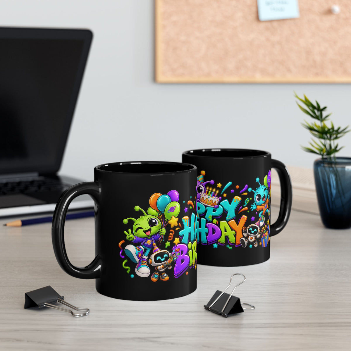 Happy Birthday Alien Mug – Colorful Space Party Mug with Cute Aliens & Robots