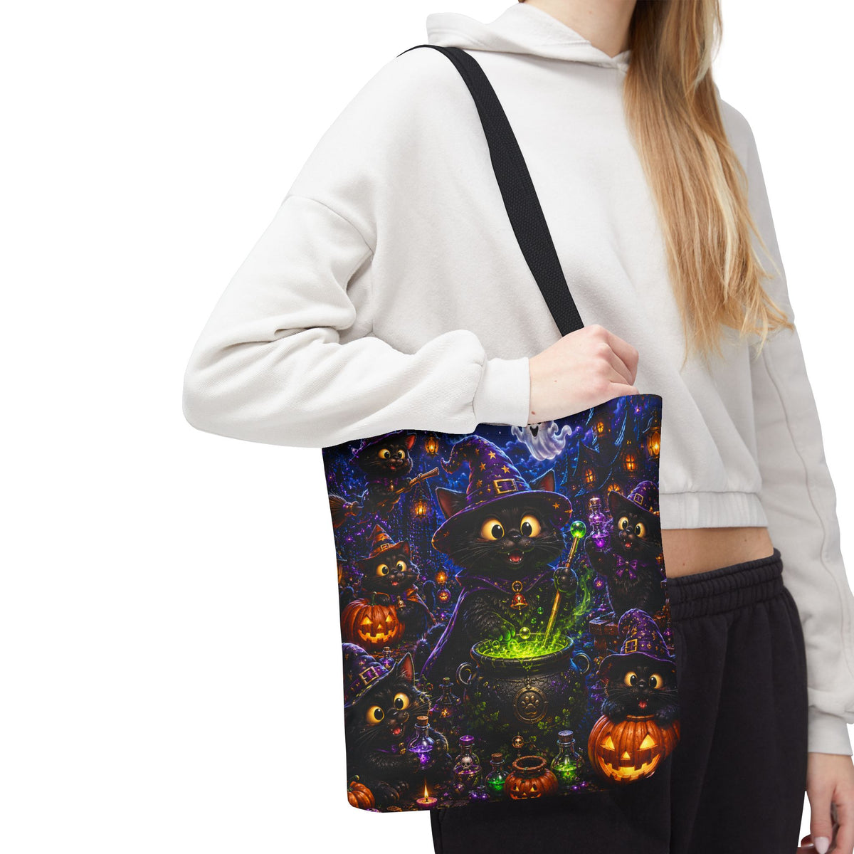 Halloween Black Cat Witches Tote Bag — Cute 3D Cats, Cauldron & Pumpkins Design