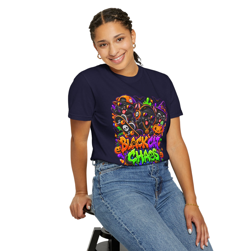 Neon Black Cat Halloween Chaos T-Shirt | Cute Spooky Cat Graphic Tee