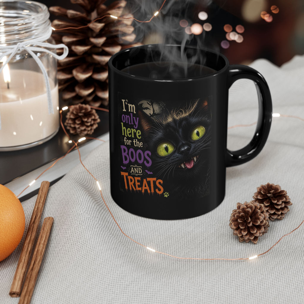 Halloween Cat Mug — "I'm Only Here for the Boos and Treats" Black Coffee Cup