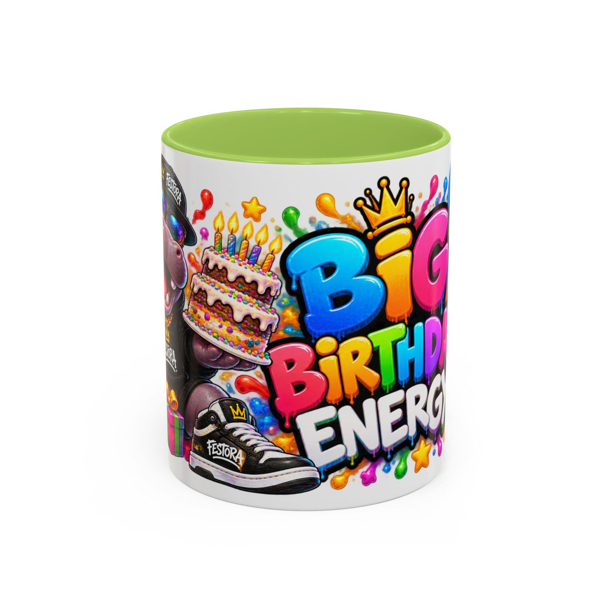 BIG BIRTHDAY ENERGY! White Ceramic Mug – Funny Hippo Birthday Coffee Cup – Colorful Party Gift – Original FestoraShop Design