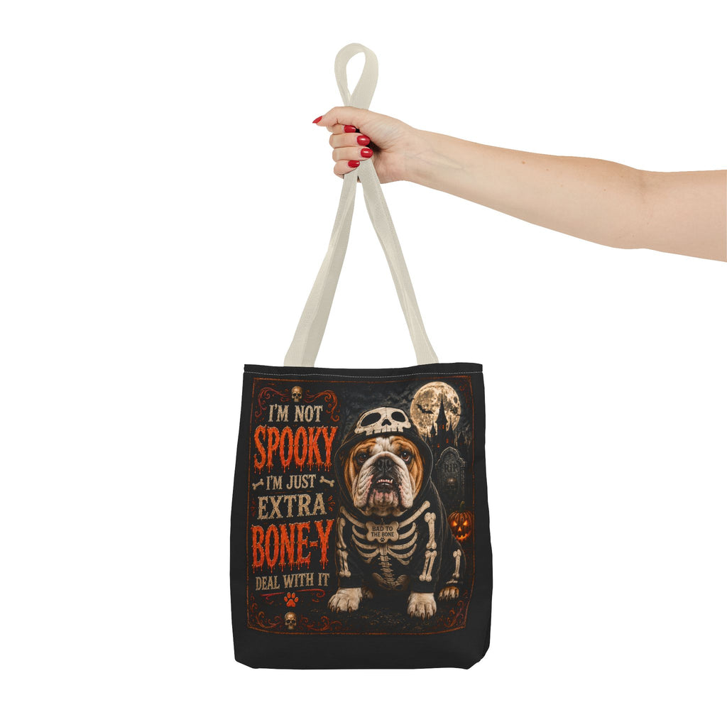 Halloween Bulldog Tote Bag – "I’m Not Spooky, I’m Just Extra Boney" All-Over Print