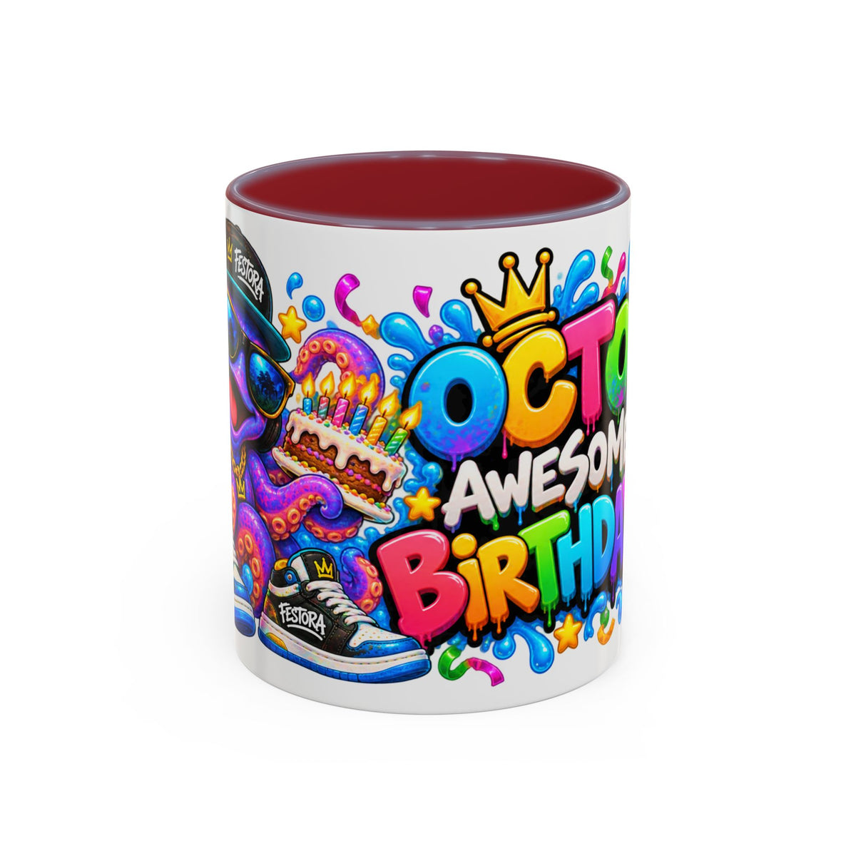 OCTO AWESOME BIRTHDAY! White Ceramic Mug – Funny Octopus Birthday Coffee Cup – Colorful Party Gift – Original FestoraShop Design