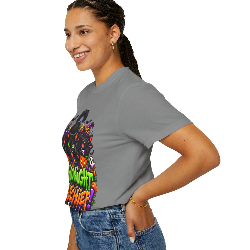 Midnight Mischief Halloween T-Shirt – Funny Black Cat Graphic Tee