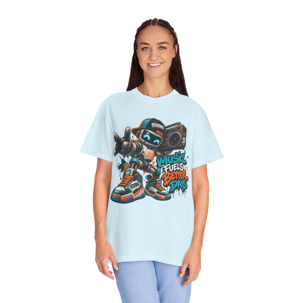 Music Fuels Better Days T-Shirt — Retro Robot Boombox Streetwear