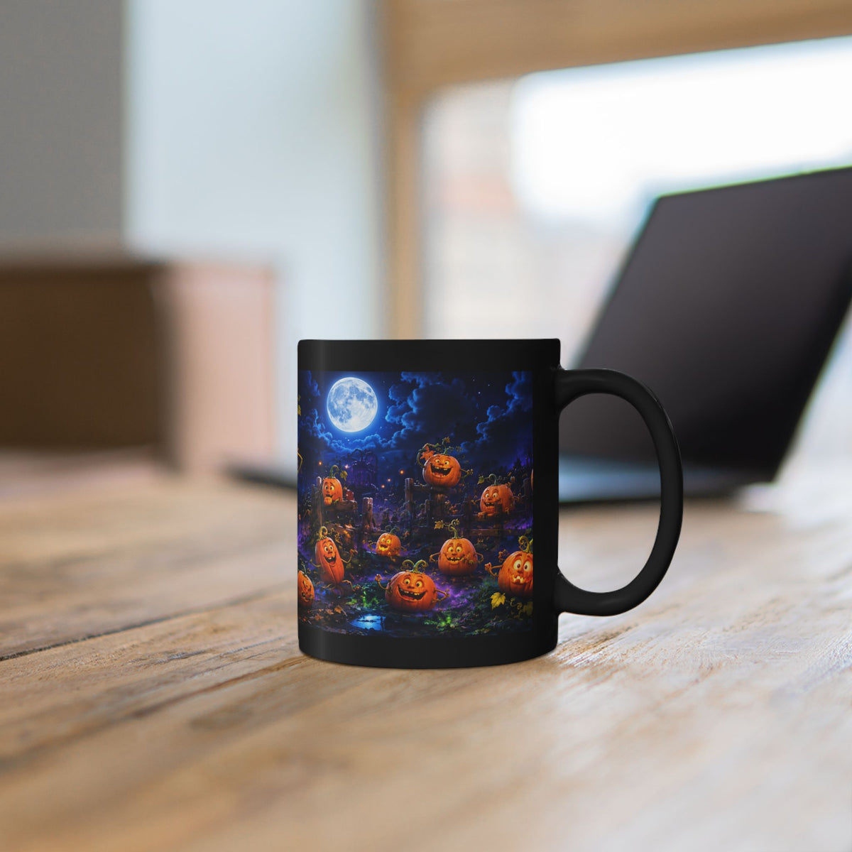 Halloween Pumpkin Patch Black Mug — Spooky Moonlit Jack-o'-Lantern Coffee Cup (11oz & 15oz)