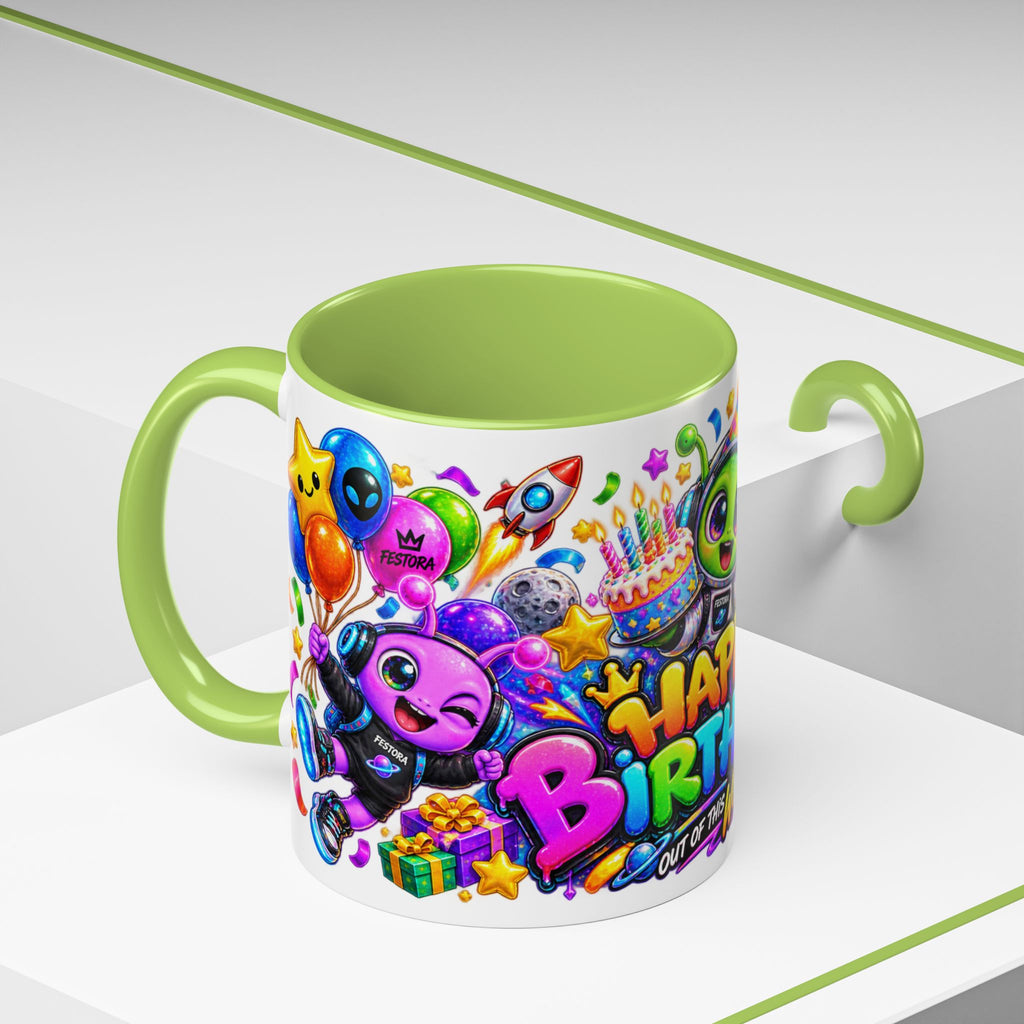 Happy Birthday Out of This World Accent Mug — Cute Alien Space Birthday Coffee Cup (11oz)