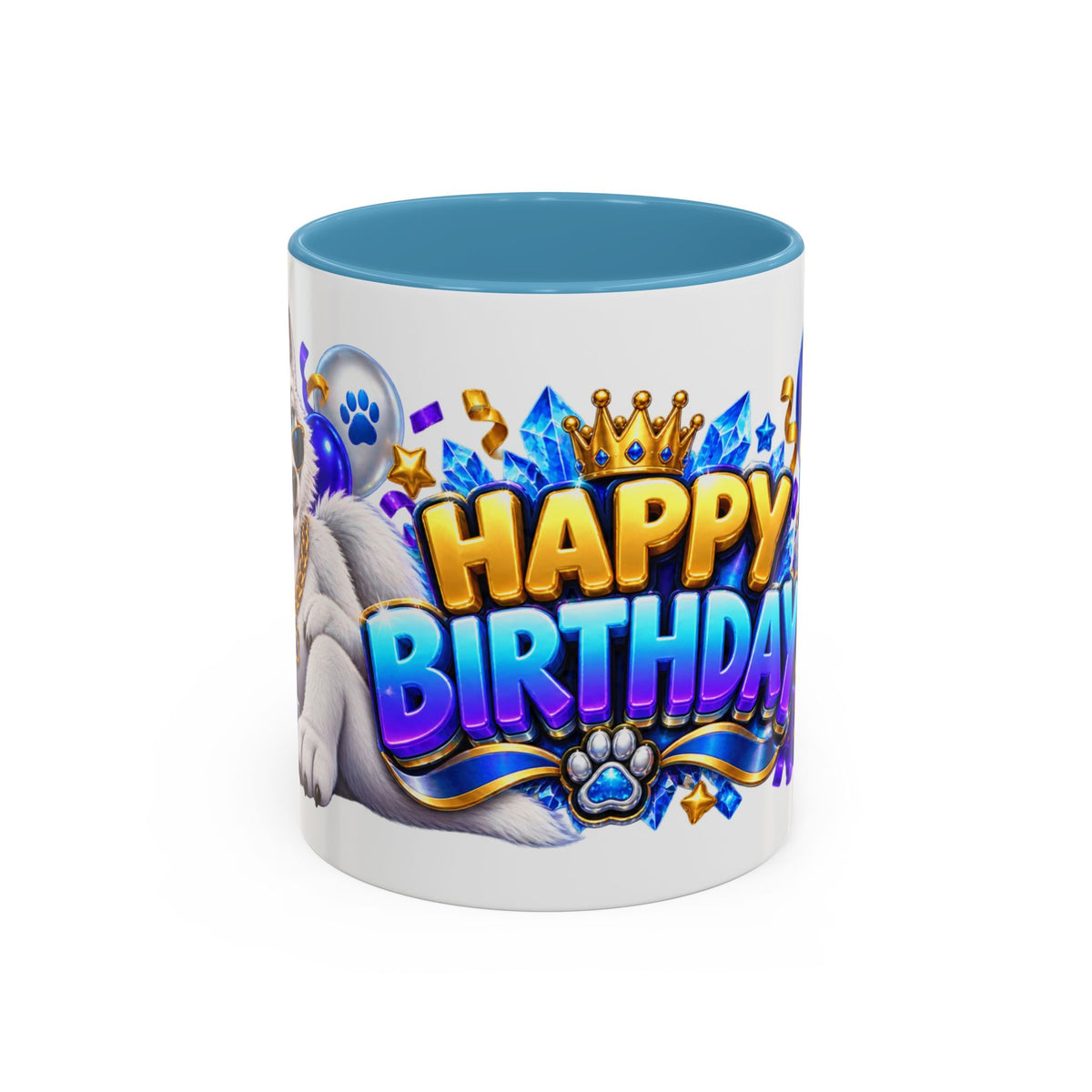 White Wolf Happy Birthday Mug – Blue Purple & Gold Birthday Gift – FestoraShop White Coffee Mug