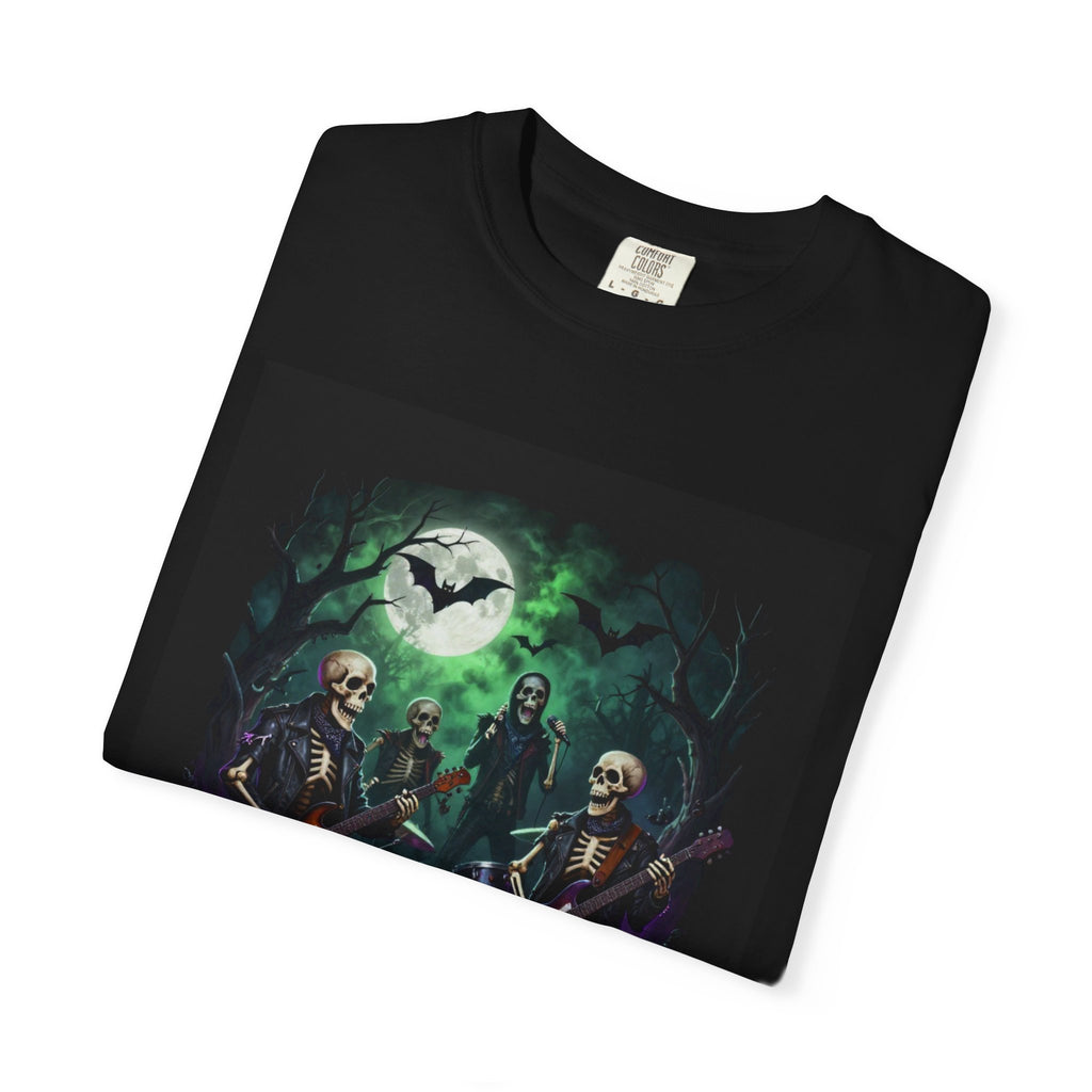 Halloween Rock Band T-Shirt — "Dead But Still Rocking" Skeleton Guitar Tee