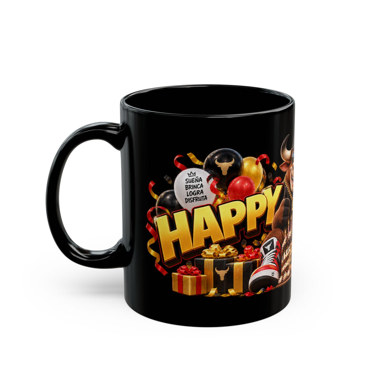 Happy Birthday Bull Mug – Bold 3D Birthday Design – Black Coffee Mug