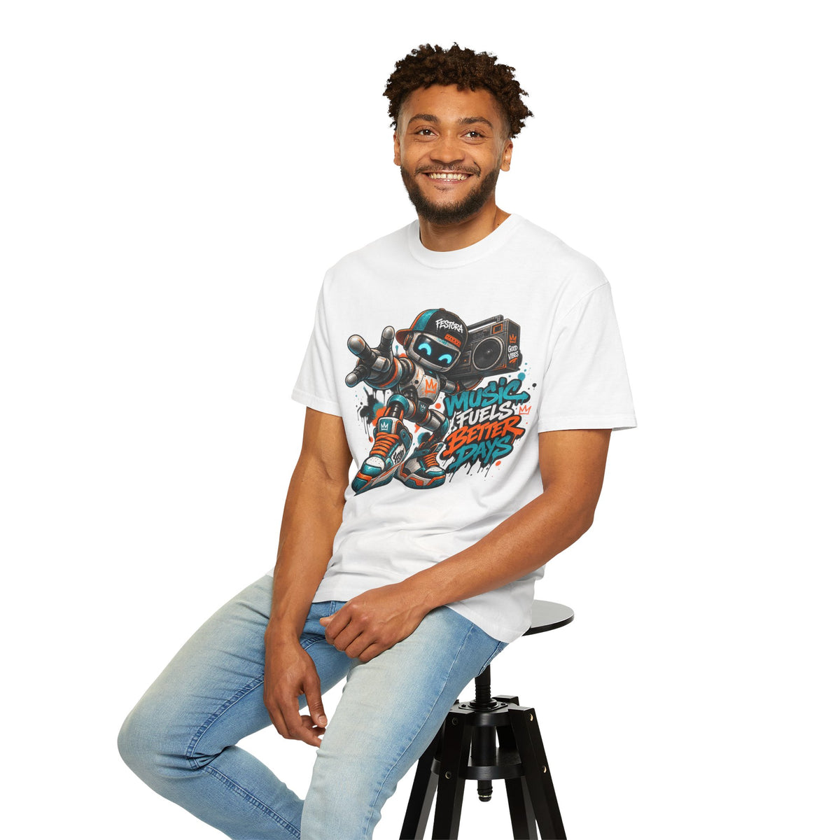 Music Fuels Better Days T-Shirt — Retro Robot Boombox Streetwear