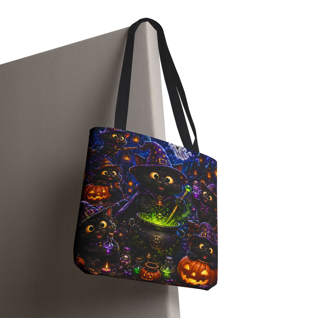 Halloween Black Cat Witches Tote Bag — Cute 3D Cats, Cauldron & Pumpkins Design