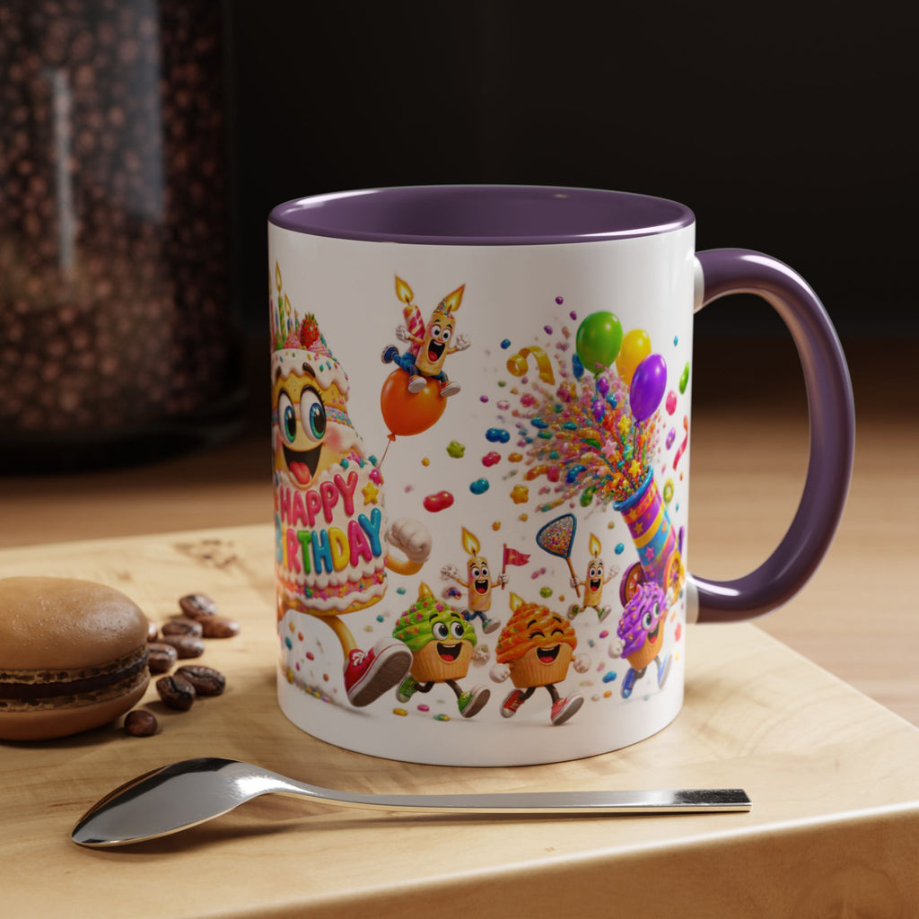 Birthday Party Coffee Mug – Colorful Happy Birthday Cake & Balloon Design (11/15oz Accent Mug)
