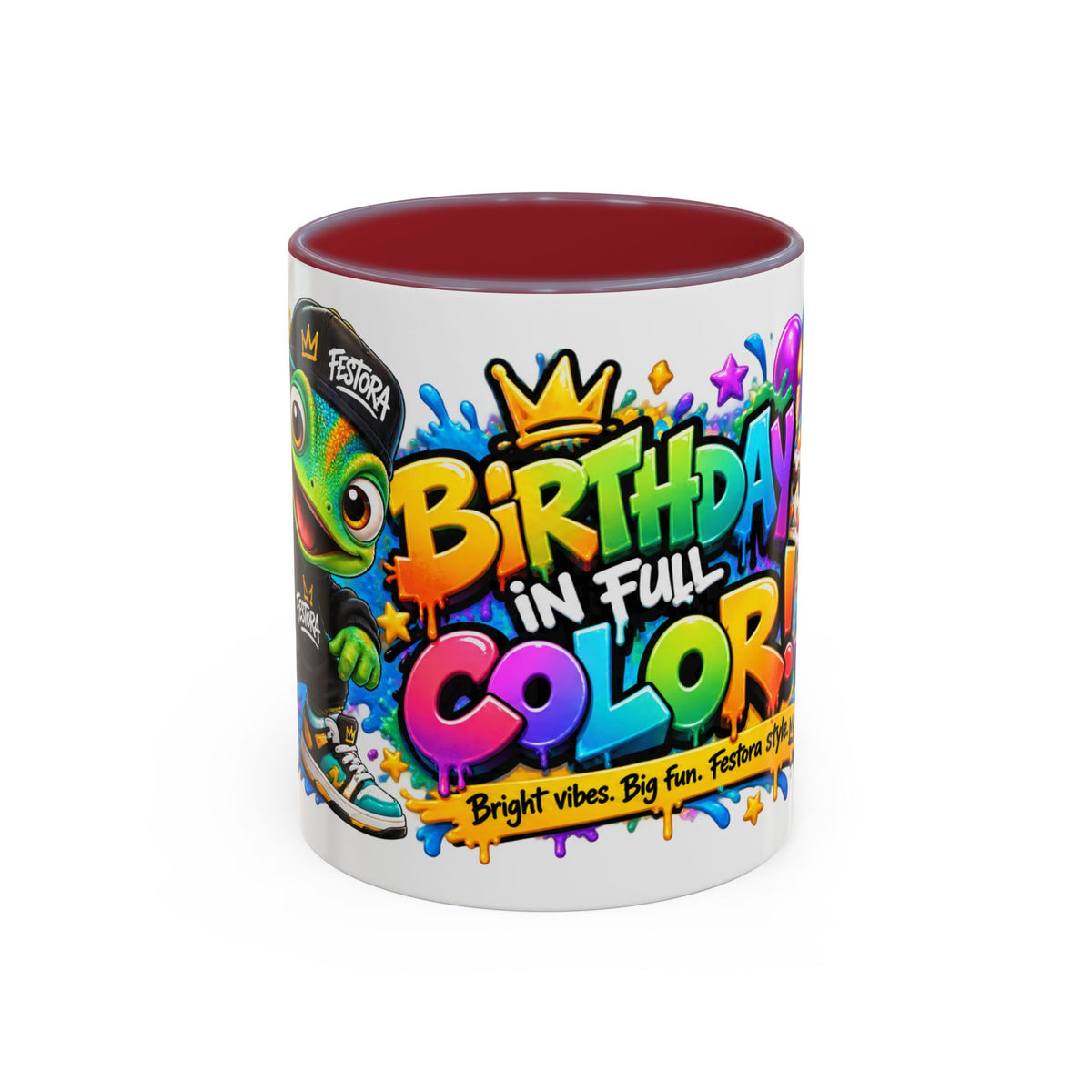 Birthday in Full Color White Ceramic Mug – Fun Colorful Birthday Coffee Cup – FestoraShop Original Design