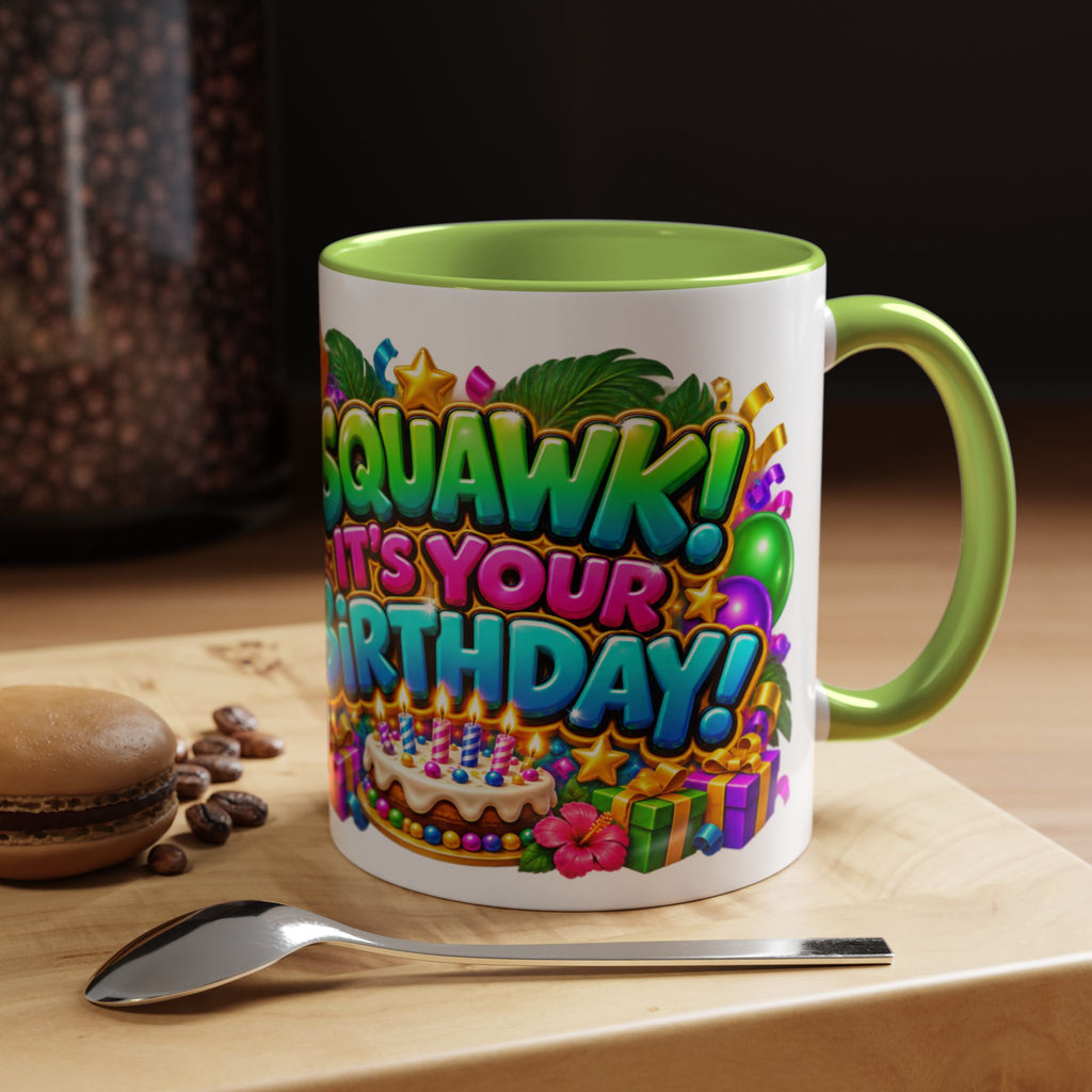 Squawk! It’s Your Birthday White Mug – Cute Parrot Birthday Cup, Colorful Tropical Party Gift