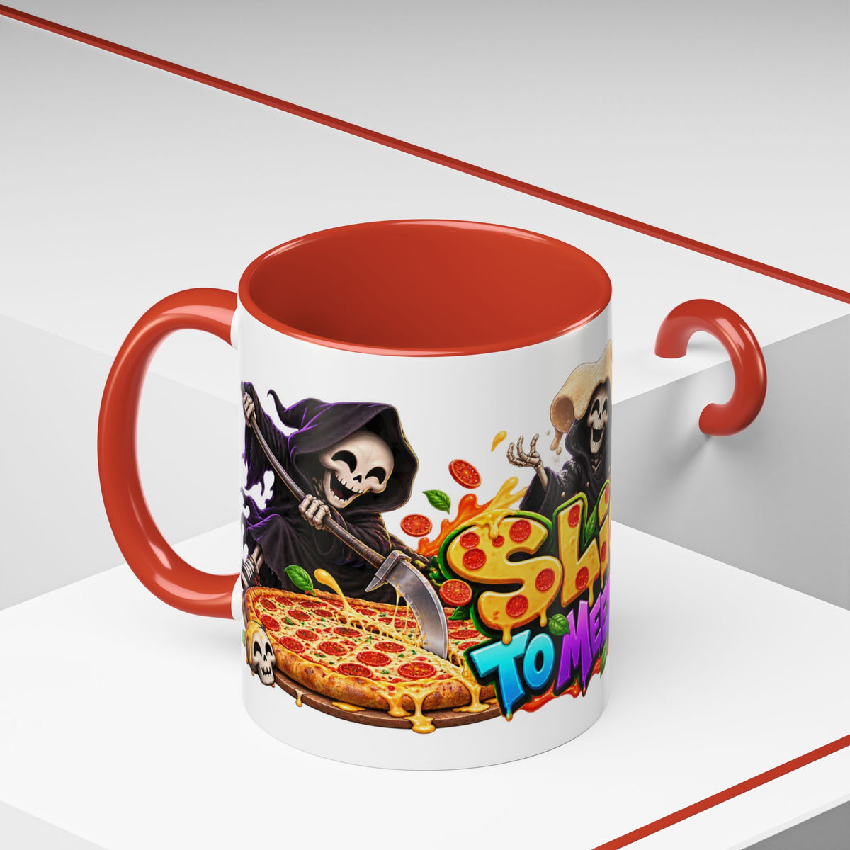 Slice to Meet You Funny Grim Reaper Pizza Halloween White Mug