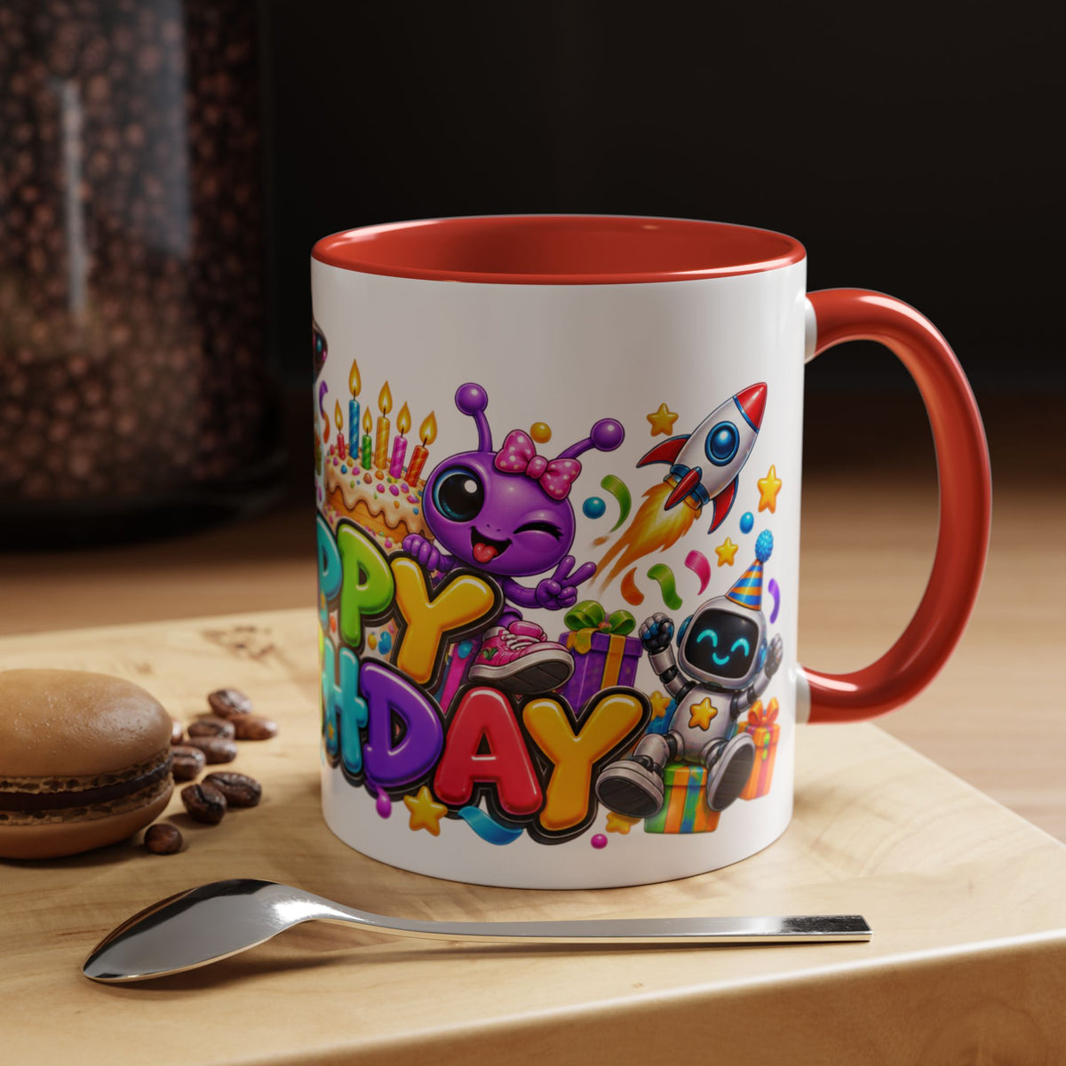 Happy Birthday Space Party Mug – Cute Aliens, Robots, UFO & Colorful 3D Birthday Design