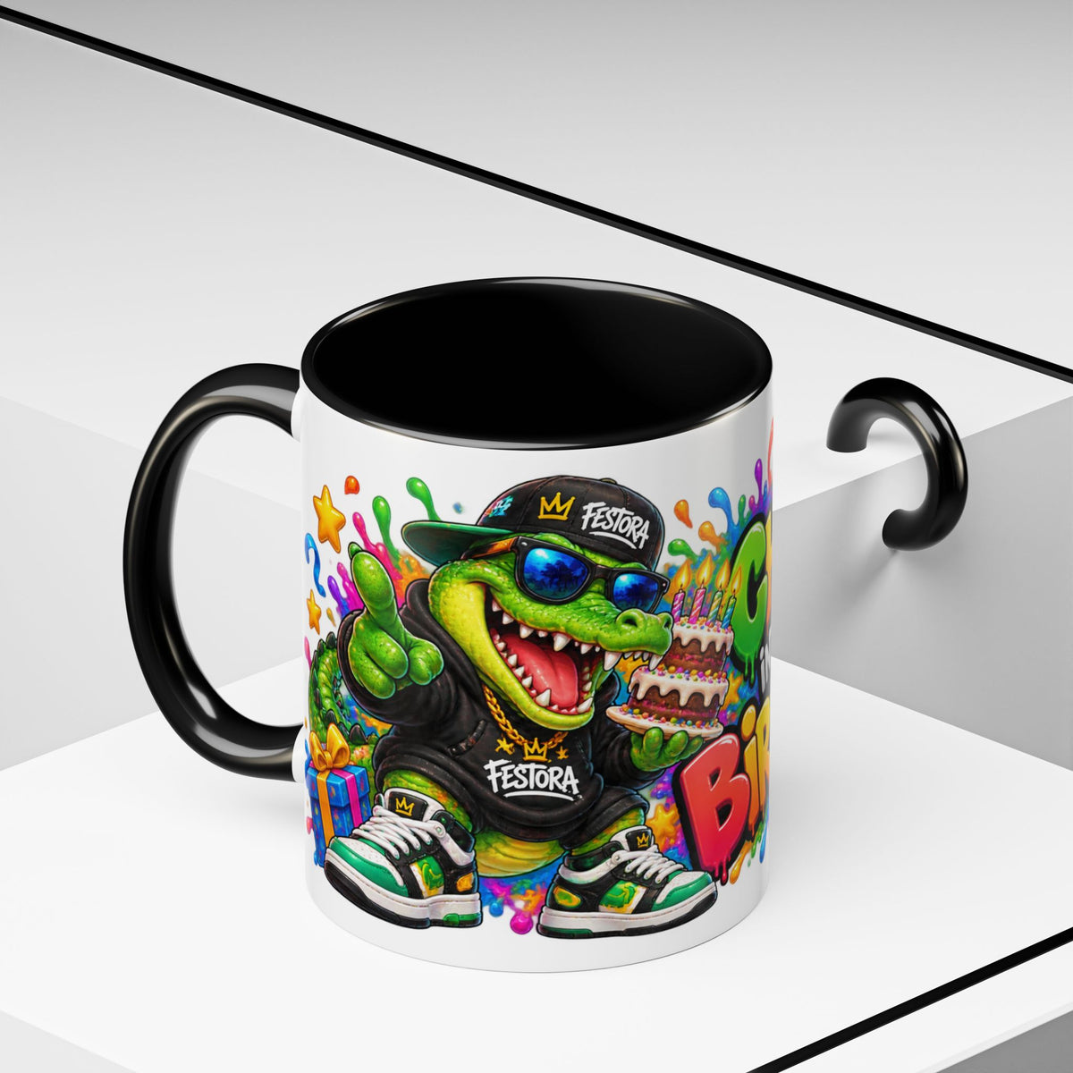 CHOMP INTO YOUR BIRTHDAY! White Ceramic Mug – Funny Crocodile Birthday Coffee Cup – Colorful Party Gift – Original FestoraShop Design