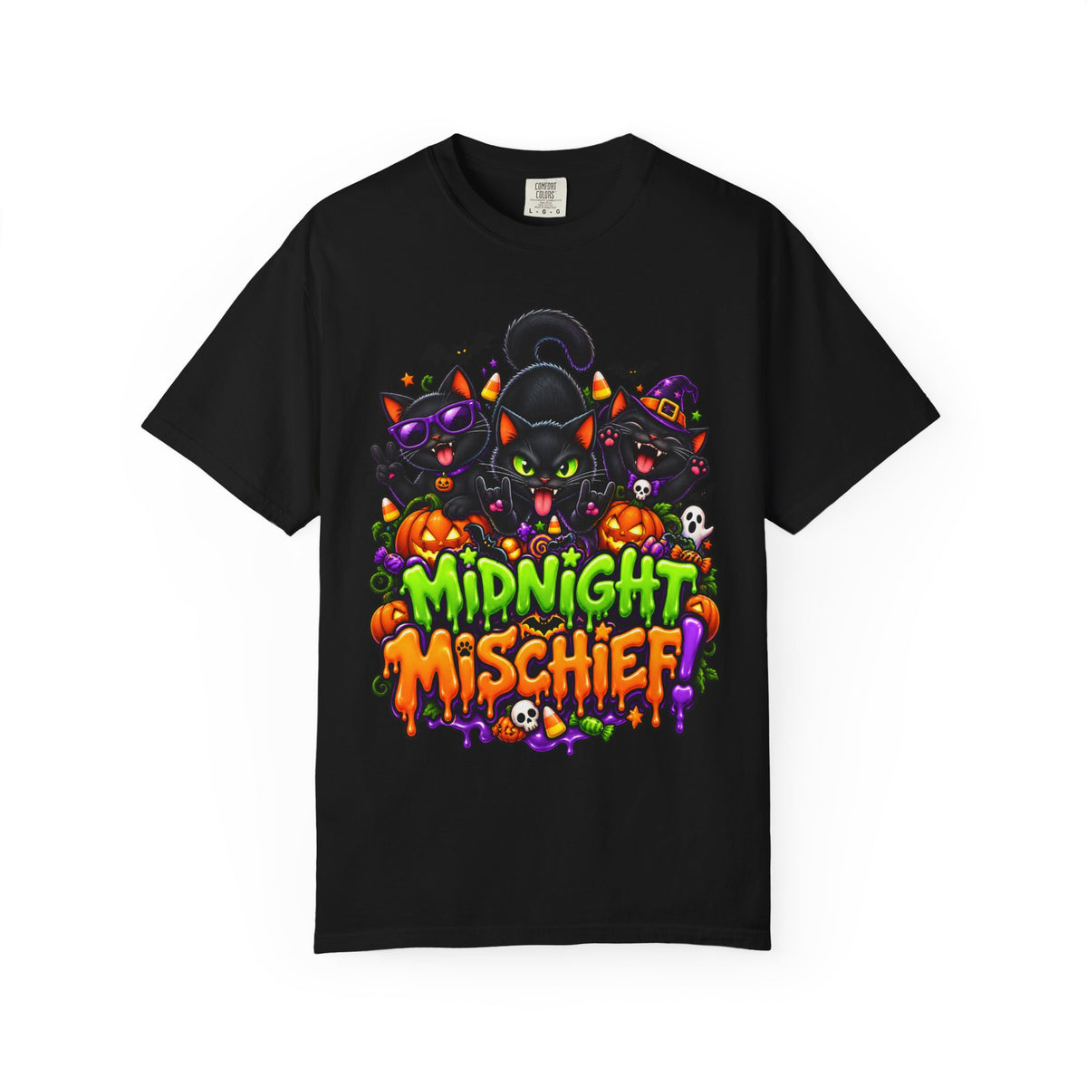 Midnight Mischief Halloween T-Shirt – Funny Black Cat Graphic Tee