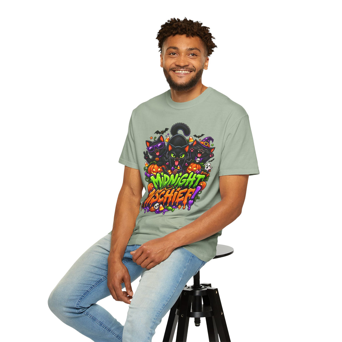 Midnight Mischief Halloween T-Shirt – Funny Black Cat Graphic Tee