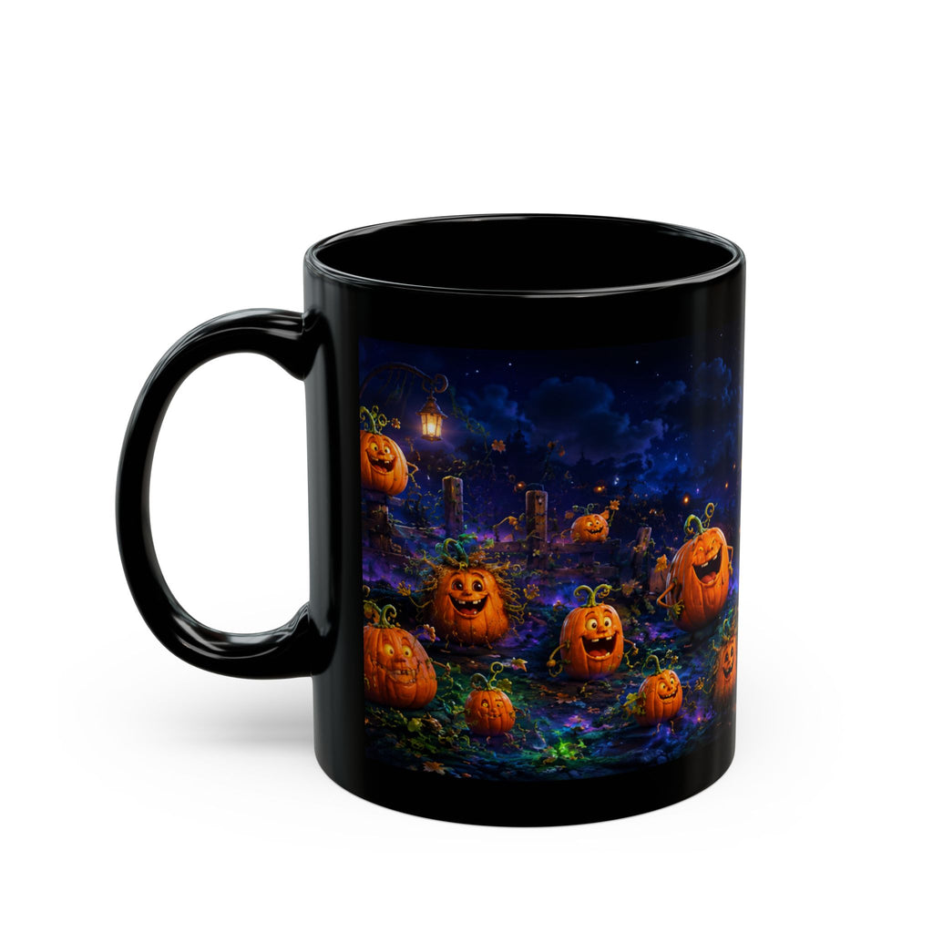 Halloween Pumpkin Patch Black Mug — Spooky Moonlit Jack-o'-Lantern Coffee Cup (11oz & 15oz)
