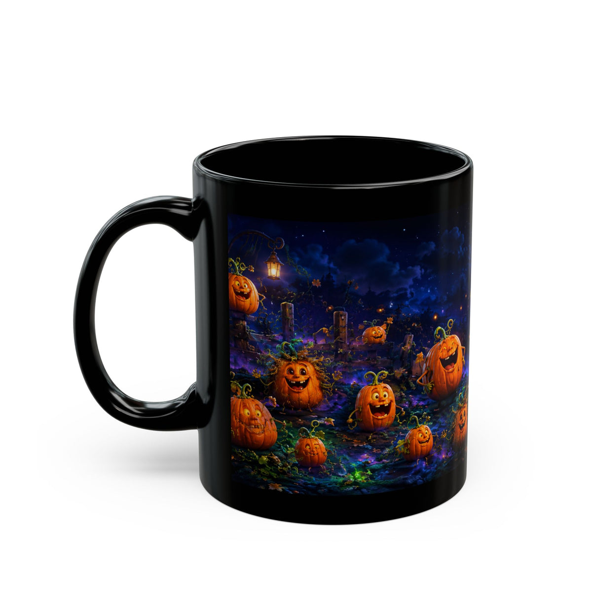 Halloween Pumpkin Patch Black Mug — Spooky Moonlit Jack-o'-Lantern Coffee Cup (11oz & 15oz)