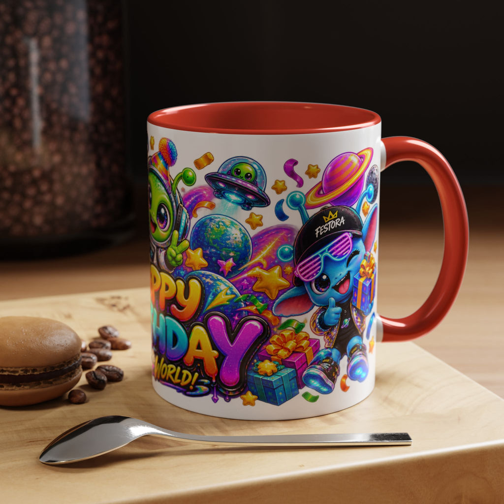 Happy Birthday Out of This World Accent Mug — Cute Alien Space Birthday Coffee Cup (11oz)