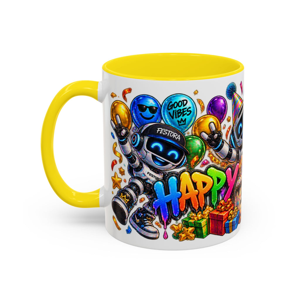 Birthday Robot Coffee Mug — Colorful Happy Birthday Accent Mug (11oz)