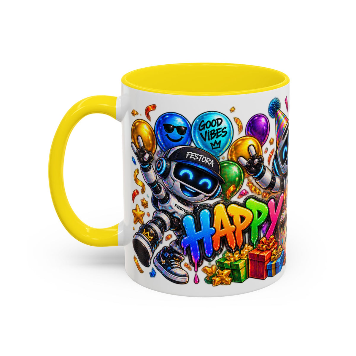 Birthday Robot Coffee Mug — Colorful Happy Birthday Accent Mug (11oz)