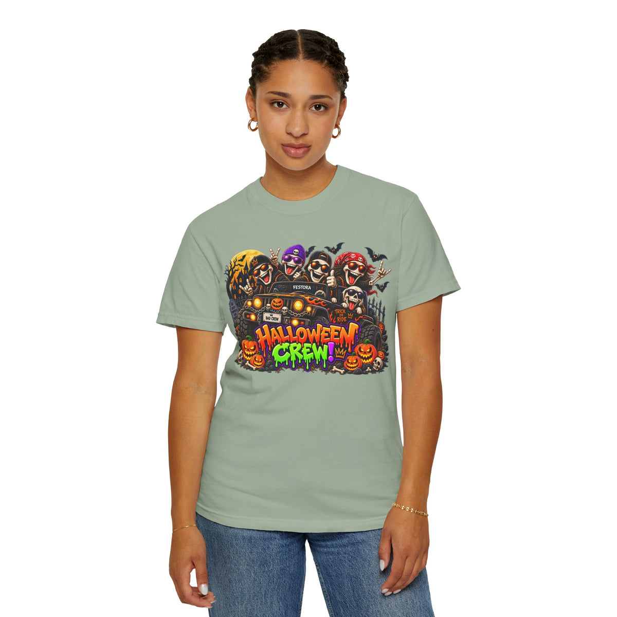 Halloween Crew T-Shirt – Skeleton Jeep Spooky Graphic Tee