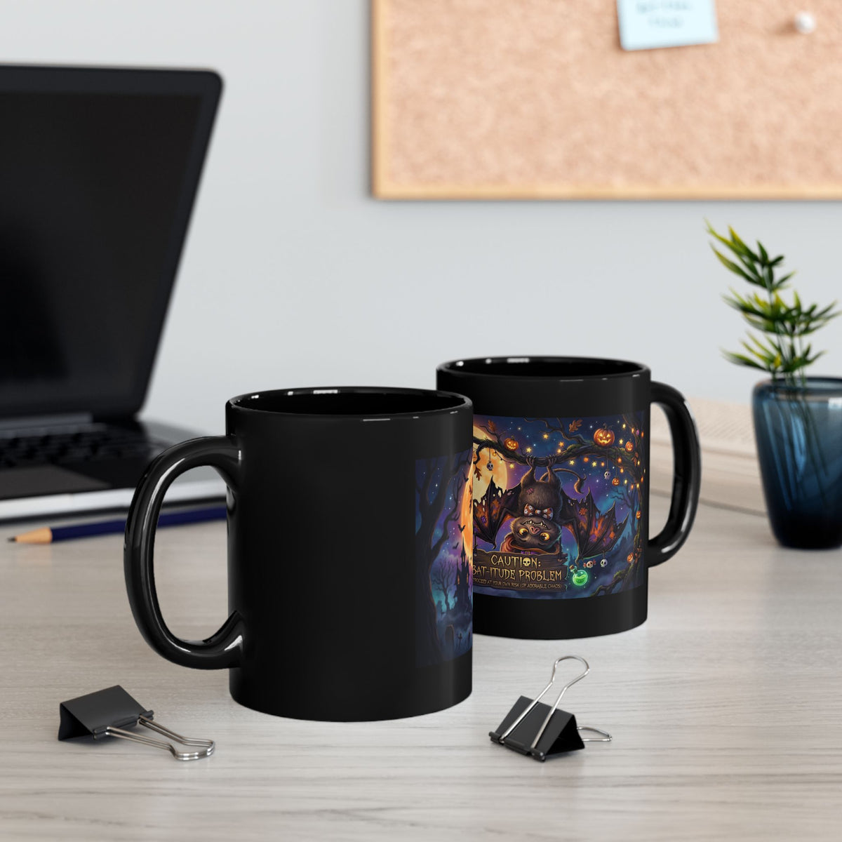 Halloween Bat Mug – "Caution: Bat-titude Problem" Black Coffee Cup (11oz, 15oz)