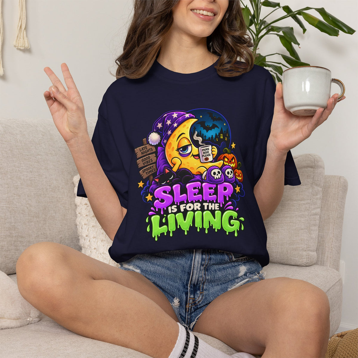 Sleep Is for the Living – Funny Halloween Moon T-Shirt