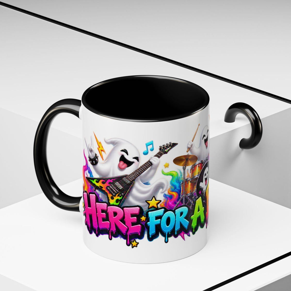 Here for a Boo Time Halloween Ghost Rock Band White Mug