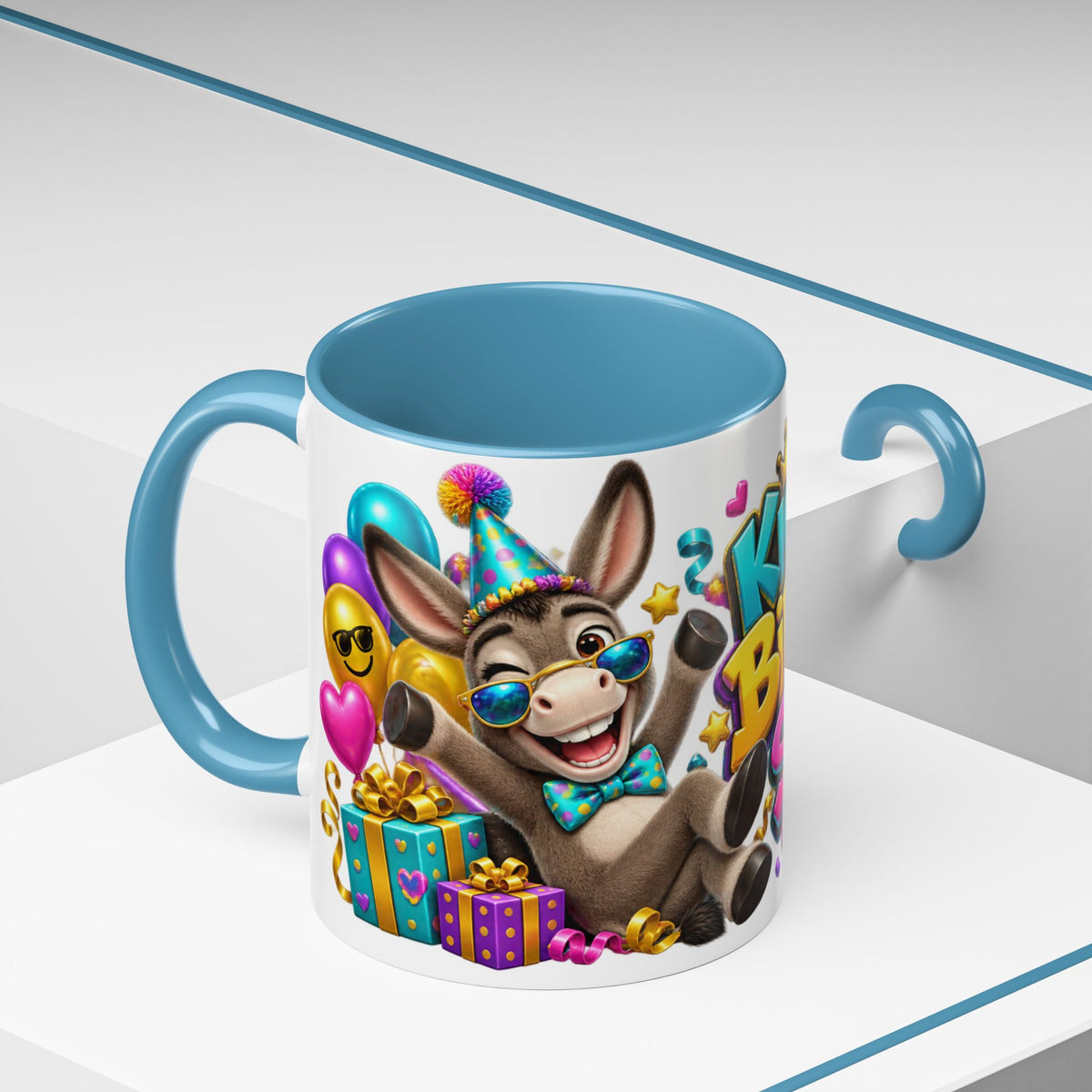 Kickin’ It Birthday Style Donkey White Mug – Funny Happy Birthday Party Cup, Cute Colorful Gift