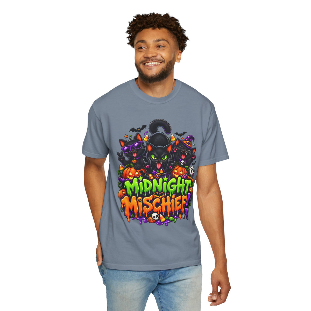 Midnight Mischief Halloween T-Shirt – Funny Black Cat Graphic Tee