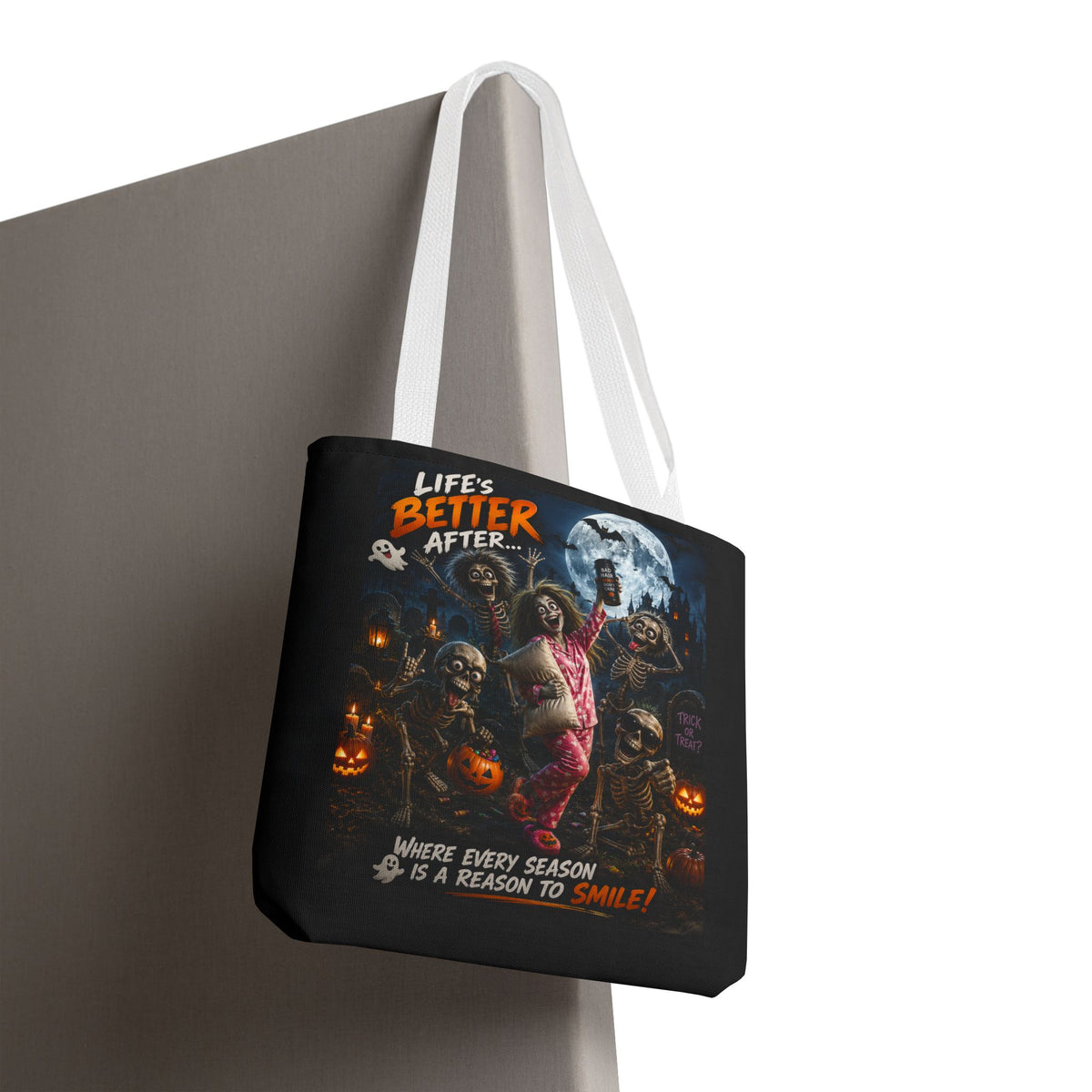Halloween Horror Tote Bag - "Life's Better After" Trick-or-Treat Pumpkin Design