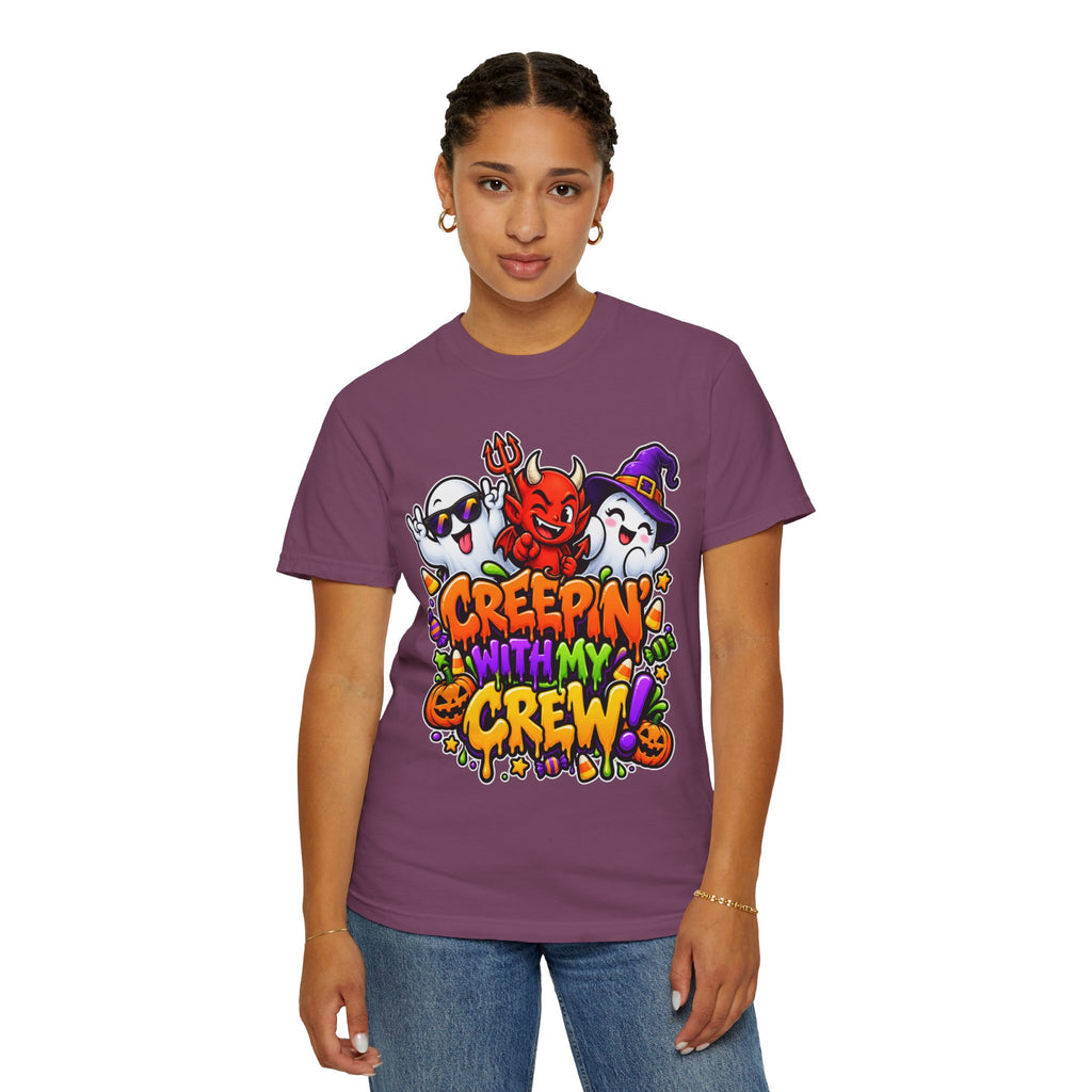 Creepin’ With My Crew Halloween T-Shirt – Colorful Funny Ghost & Devil Graphic Tee