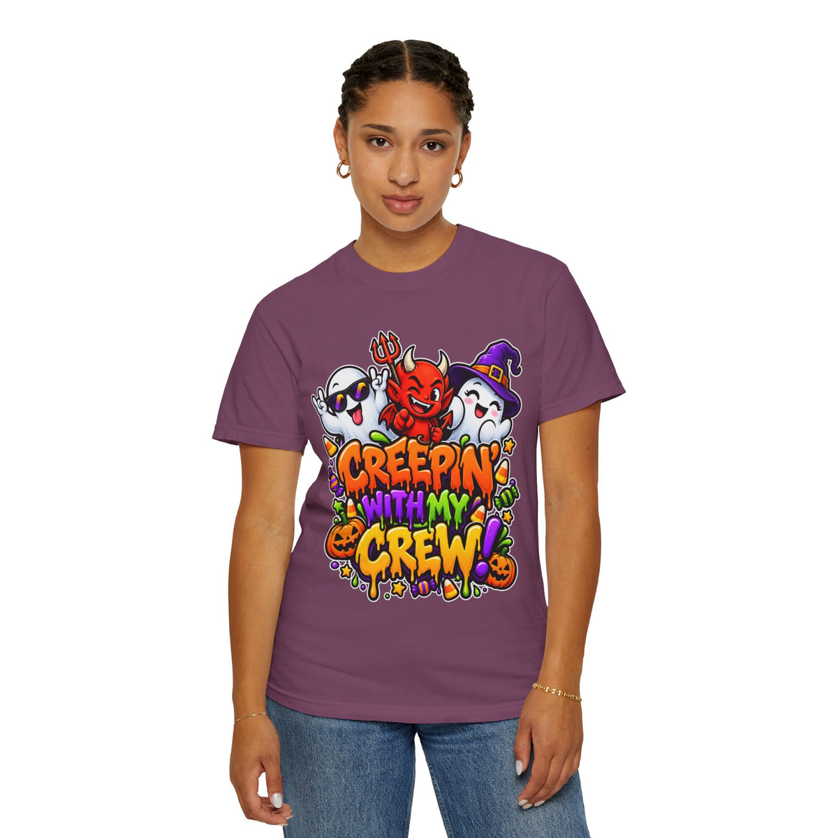 Creepin’ With My Crew Halloween T-Shirt – Colorful Funny Ghost & Devil Graphic Tee