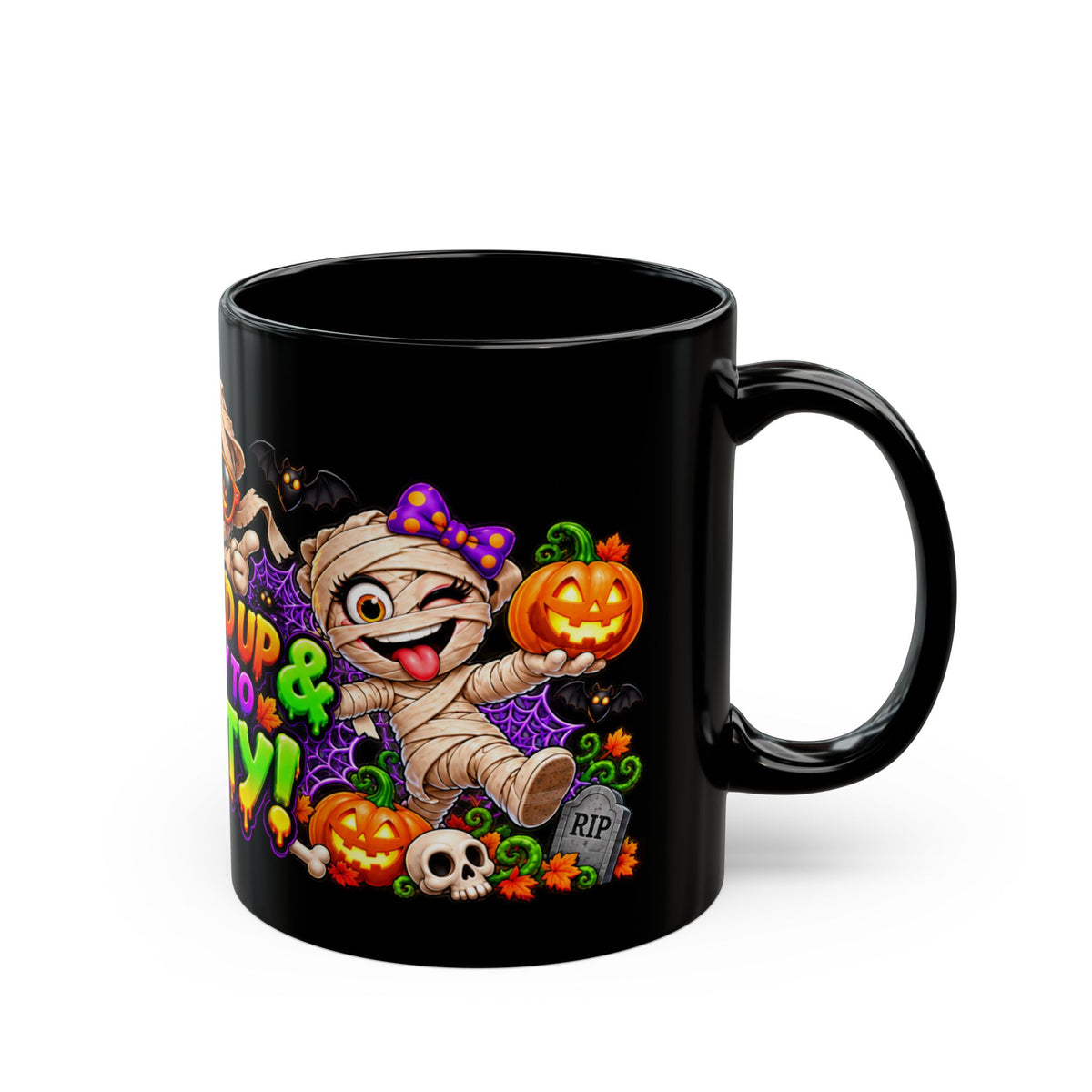 Wrapped Up & Ready to Party Black Mug – Funny Mummies & Halloween Design