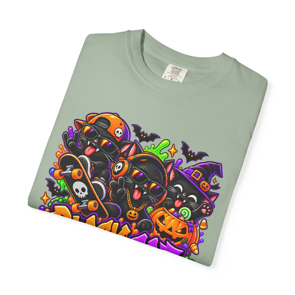 Neon Black Cat Halloween Chaos T-Shirt | Cute Spooky Cat Graphic Tee