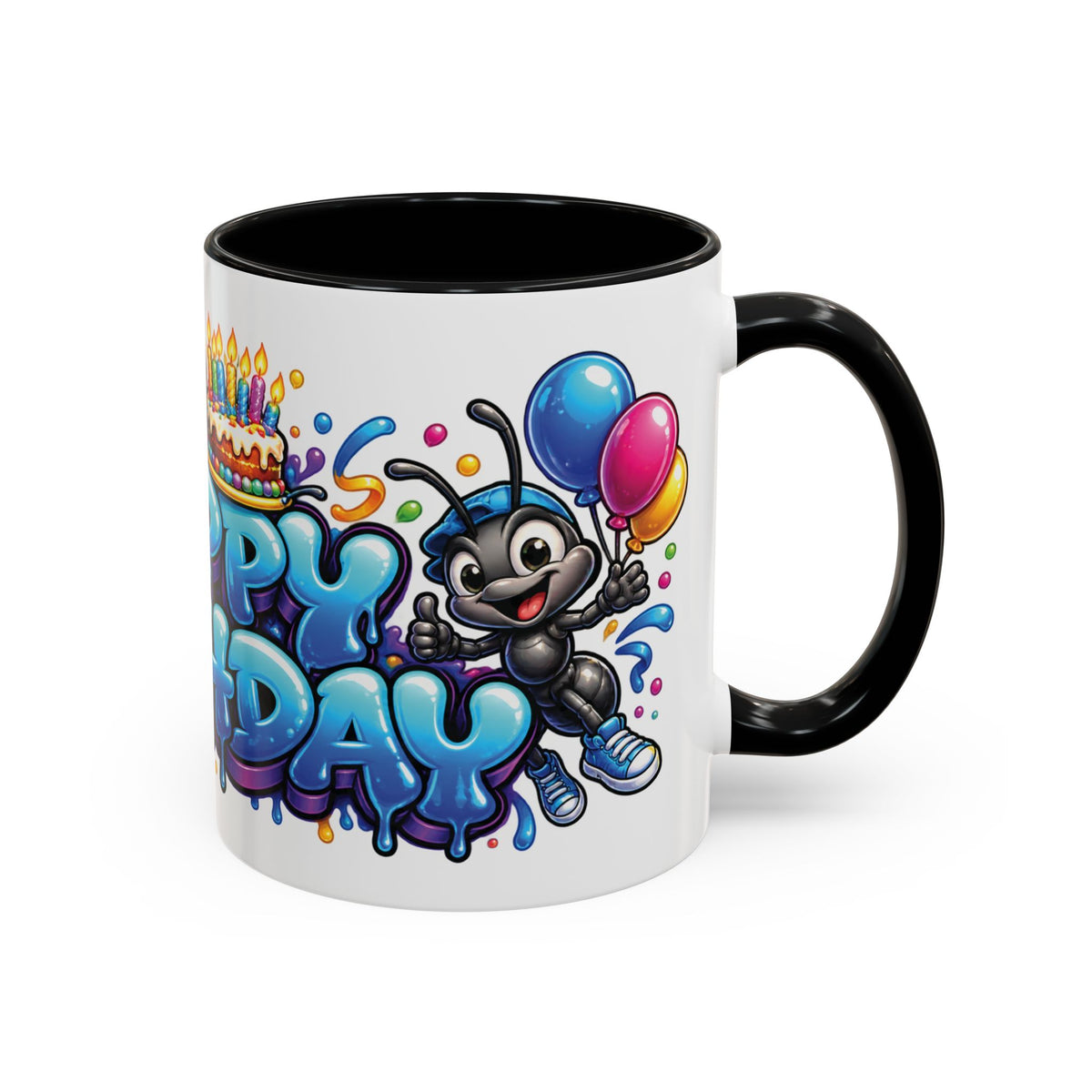 Happy Birthday Cartoon Mug – Graffiti Ants, Birthday Cake, Balloons & Confetti Coffee Cup