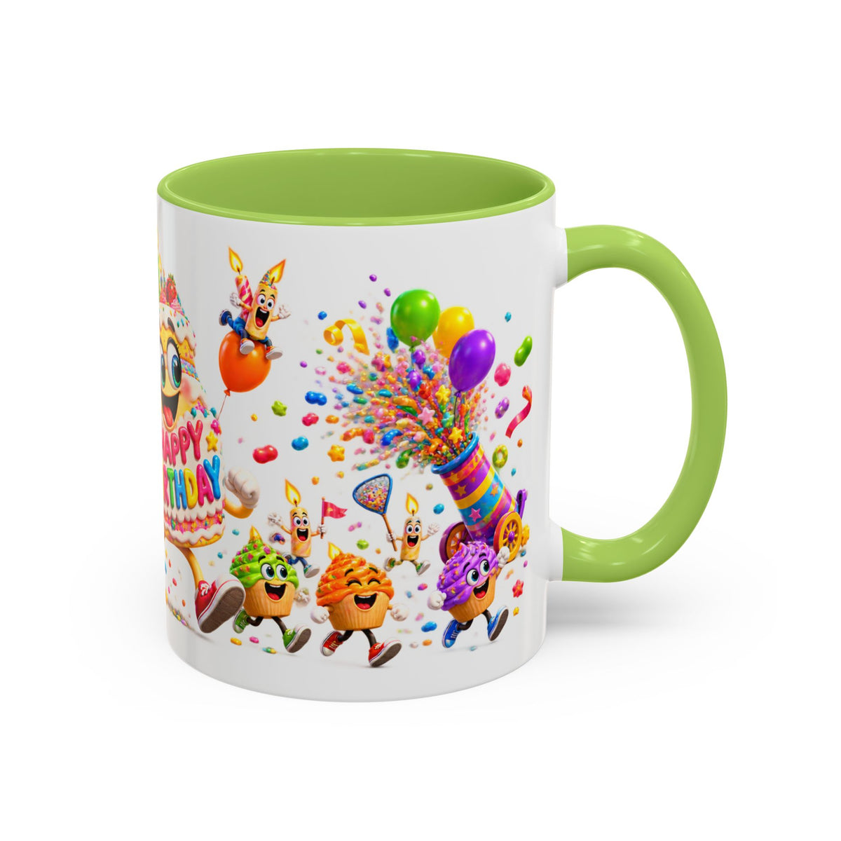 Birthday Party Coffee Mug – Colorful Happy Birthday Cake & Balloon Design (11/15oz Accent Mug)