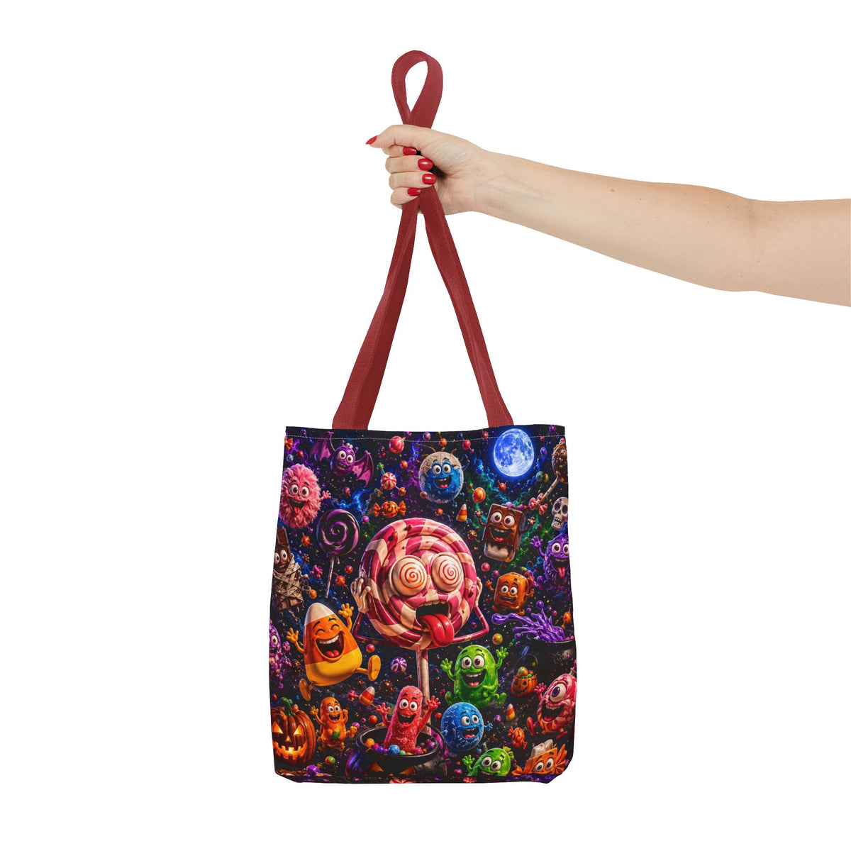 Crazy Halloween Candy Monsters Tote Bag — Colorful 3D Lolipop & Treats Design