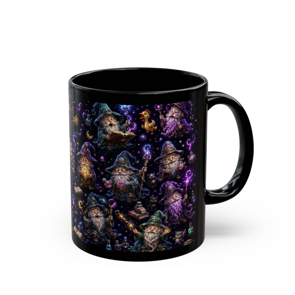 Magic Wizard Pattern Black Mug — Cute Wizardry Coffee Cup (11oz/15oz)