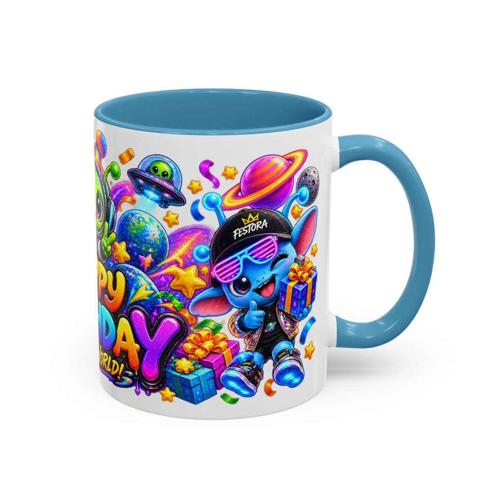Happy Birthday Out of This World Accent Mug — Cute Alien Space Birthday Coffee Cup (11oz)